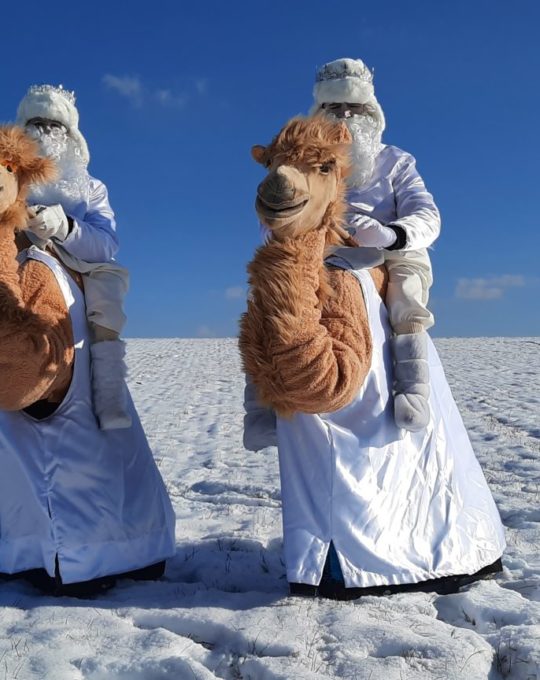 Eistrio – zwei Eismänner auf ihren Kamelchen und ihre Eiskönigin